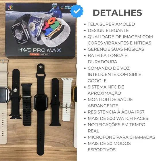 Smartwatch Watch 9 ProMax Amoled NFC + 3 Pulseiras GPS Traking + 20 modos Esportivos